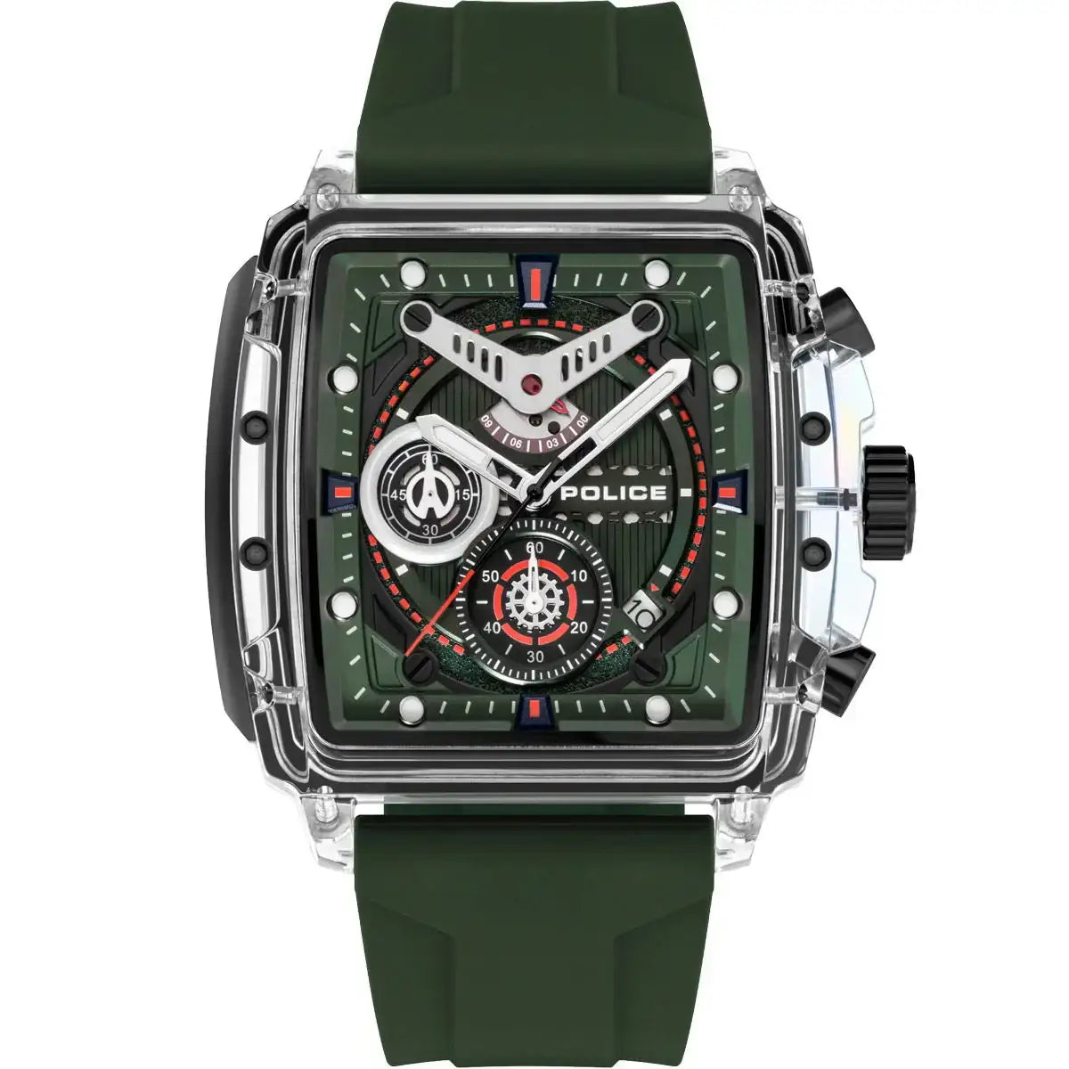 Police Clout PEWGO0052404 quartz chronograph watch with transparent polycarbonate case and green skeletonised dial on green silicone strap