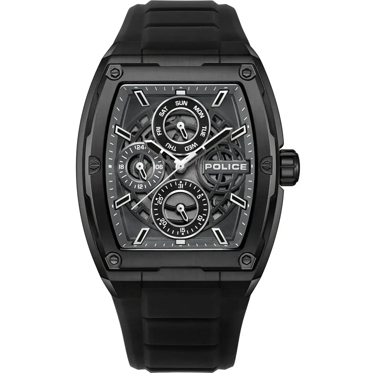 Police Creed PEWJQ0004501 black ion-plated stainless steel multifunction quartz watch with skeleton dial and silicone strap