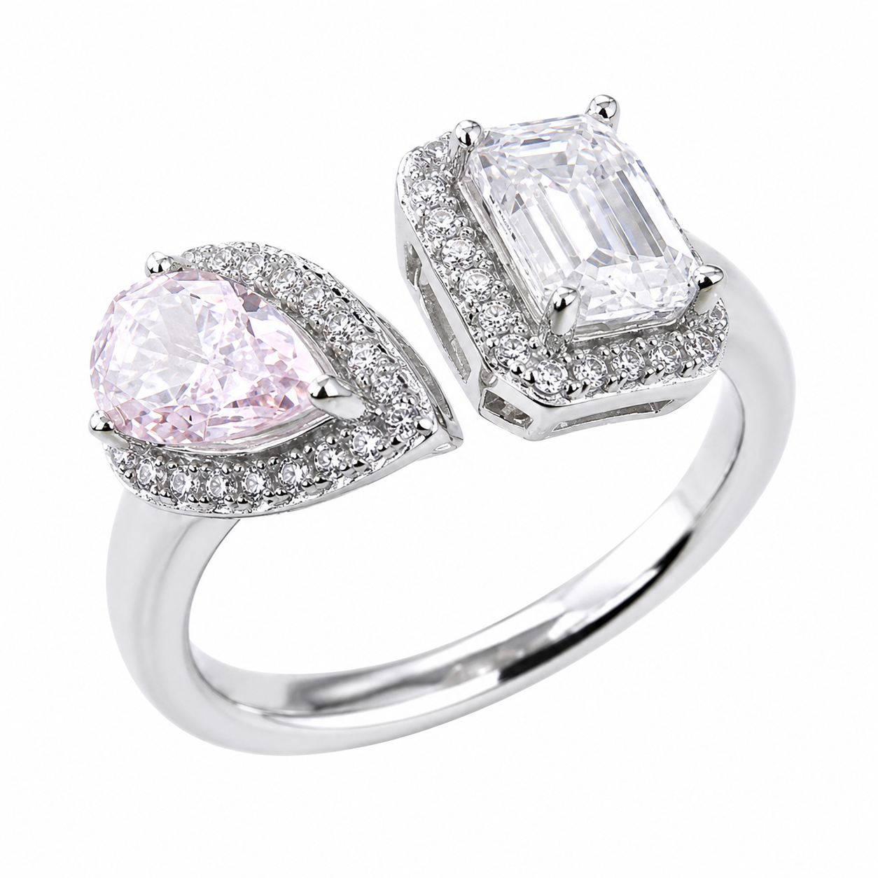 Sterling silver emerald cut and pink pear moissanite halo ring with open shank design from Cassim and Co Johannesburg