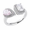 Sterling silver emerald cut and pink pear moissanite halo ring with open shank design from Cassim and Co Johannesburg
