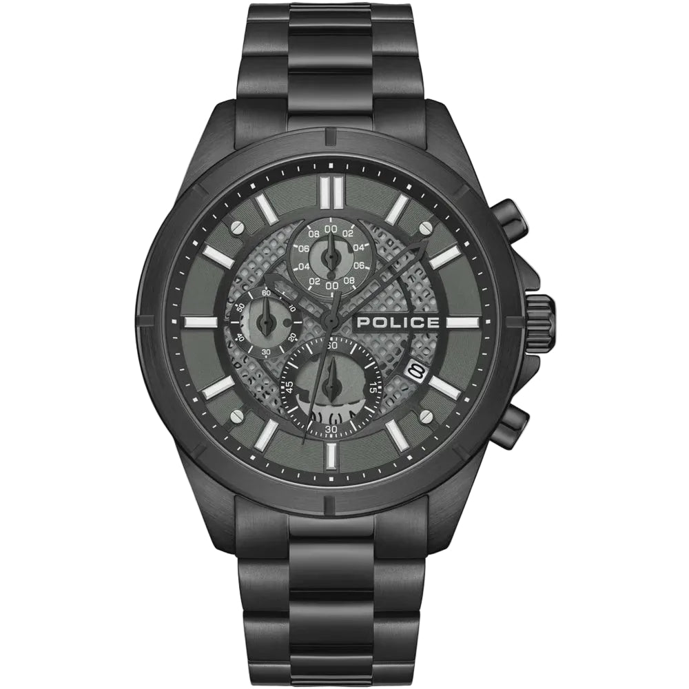 Police Burbank PEWGI0054004 chronograph quartz watch with black ion-plated stainless steel case and bracelet, skeletal dial, 45mm