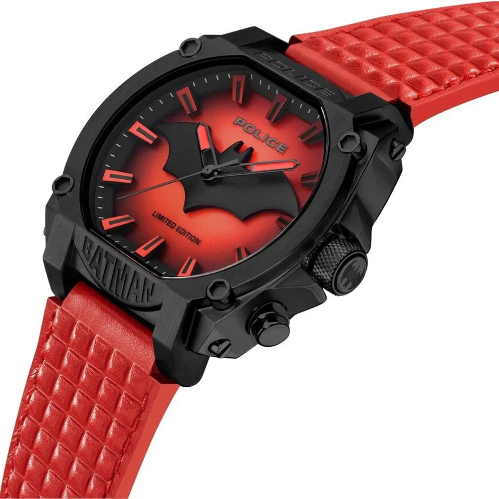Police Batman Forever Red Edition Quartz Black Case Red Leather Watch (PEWGD0022604) - Cassim & Co South Africa