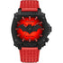Police Batman Forever Red Edition quartz watch with 45mm black IP steel case, red gradient dial with bat motif, and red embossed leather strap