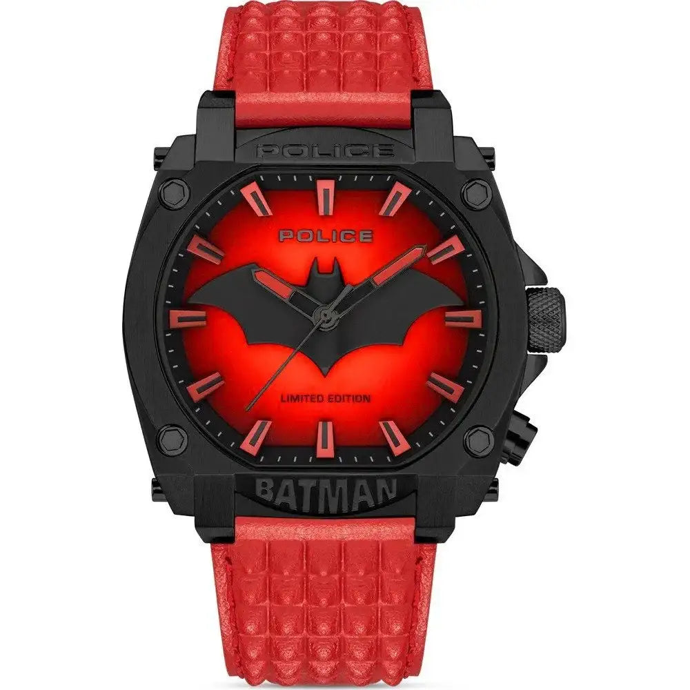 Police Batman Forever Red Edition quartz watch with 45mm black IP steel case, red gradient dial with bat motif, and red embossed leather strap