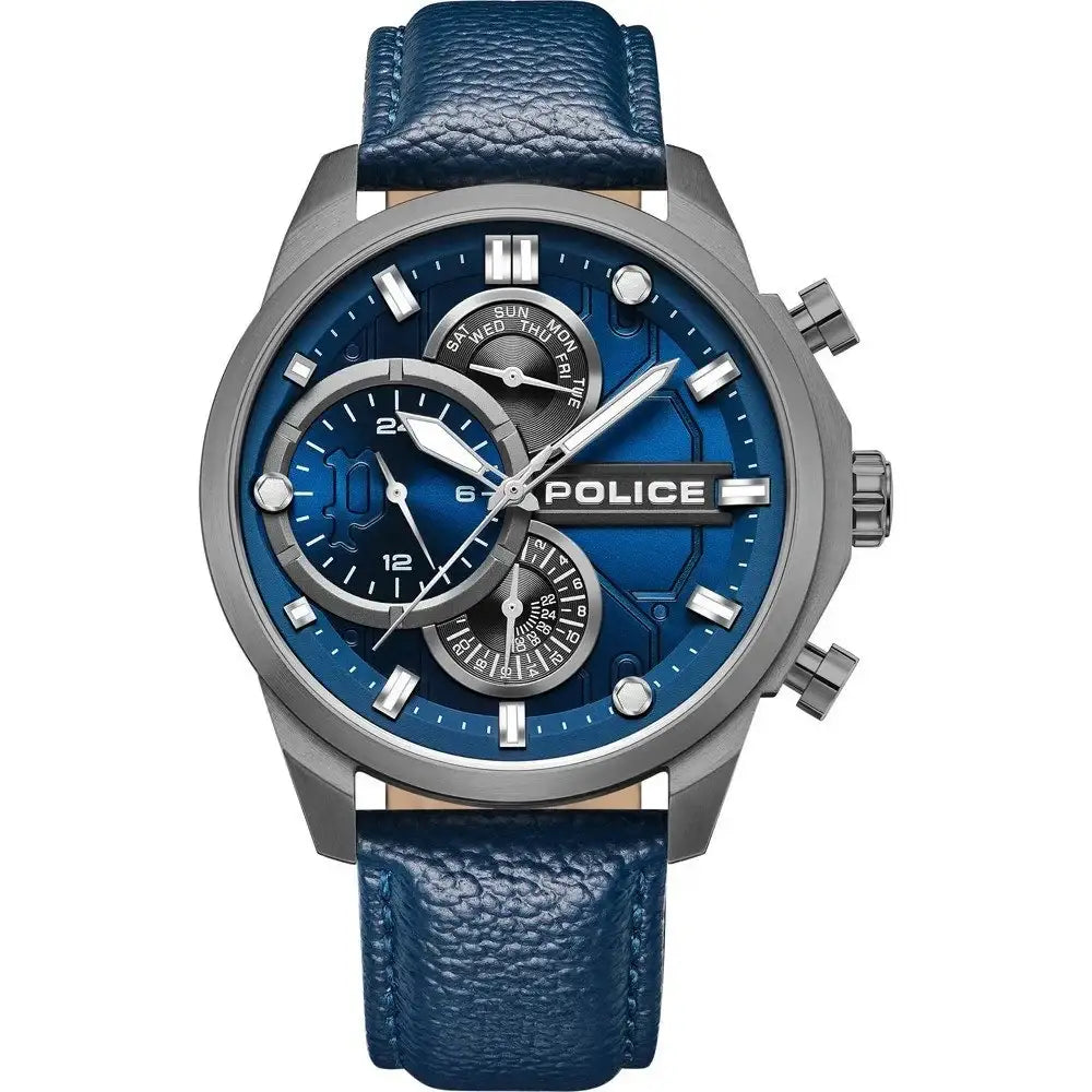 Police Reactor blue dial watch front view with three sub-dials