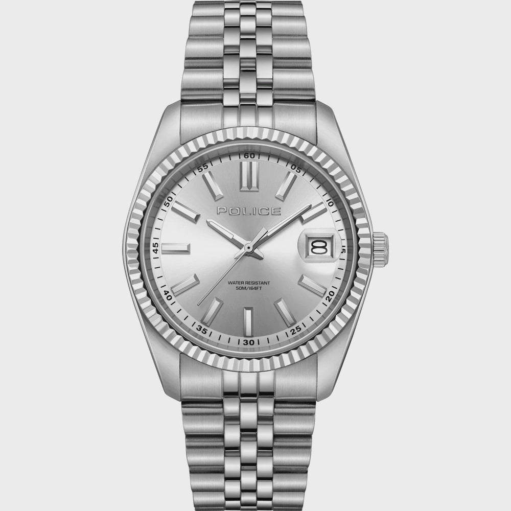 Police Stria quartz watch with 40mm stainless steel case, silver sunburst dial, date window, and stainless steel bracelet with fluted bezel