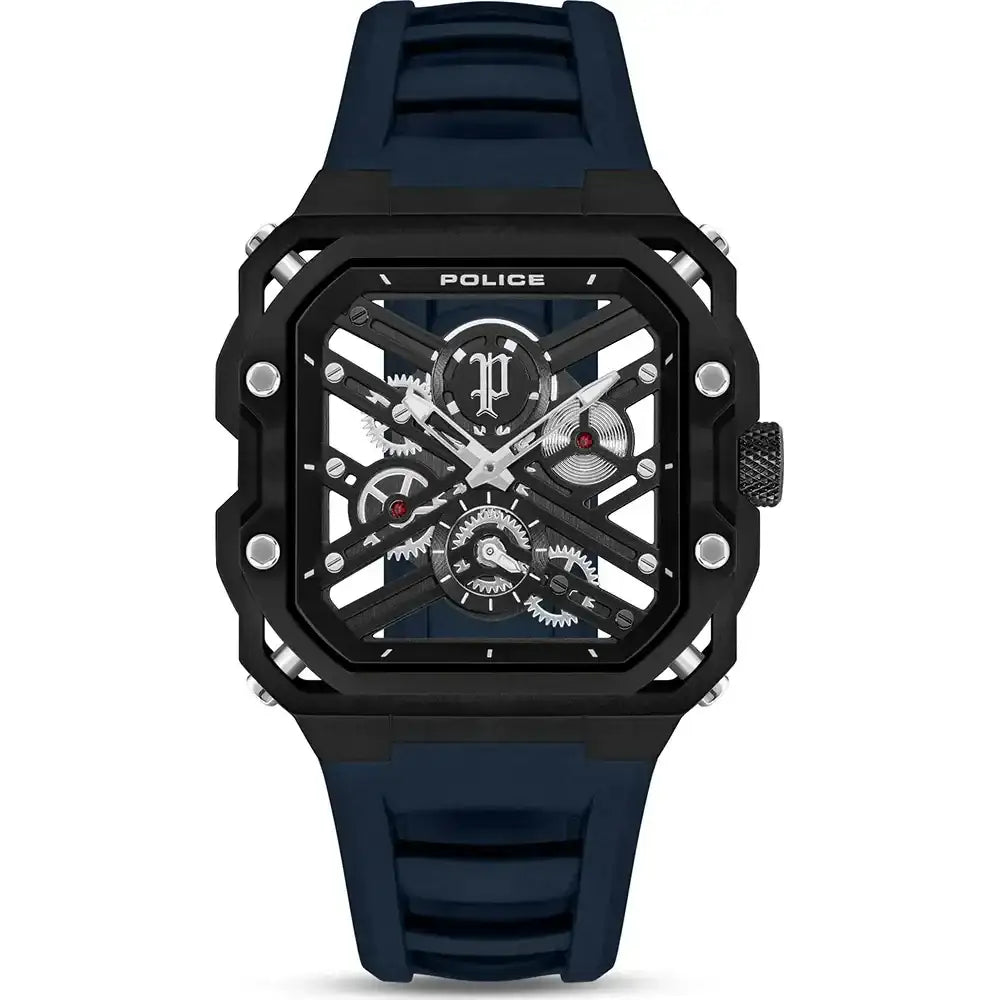 Police Disruptor I PEWGM0072001 quartz skeletonised watch with 45mm black PVD octagonal case and navy blue silicone strap