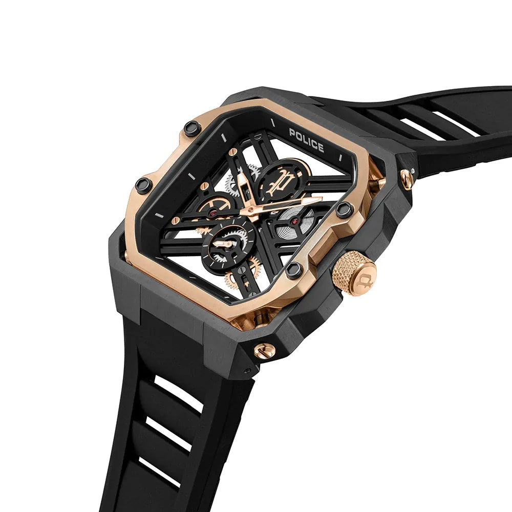 Police Gun Transparent Skeleton Dial Men's Watch with Rose Gold Bezel and Black Rubber Strap PEWGM0072002 - Cassim & Co South Africa