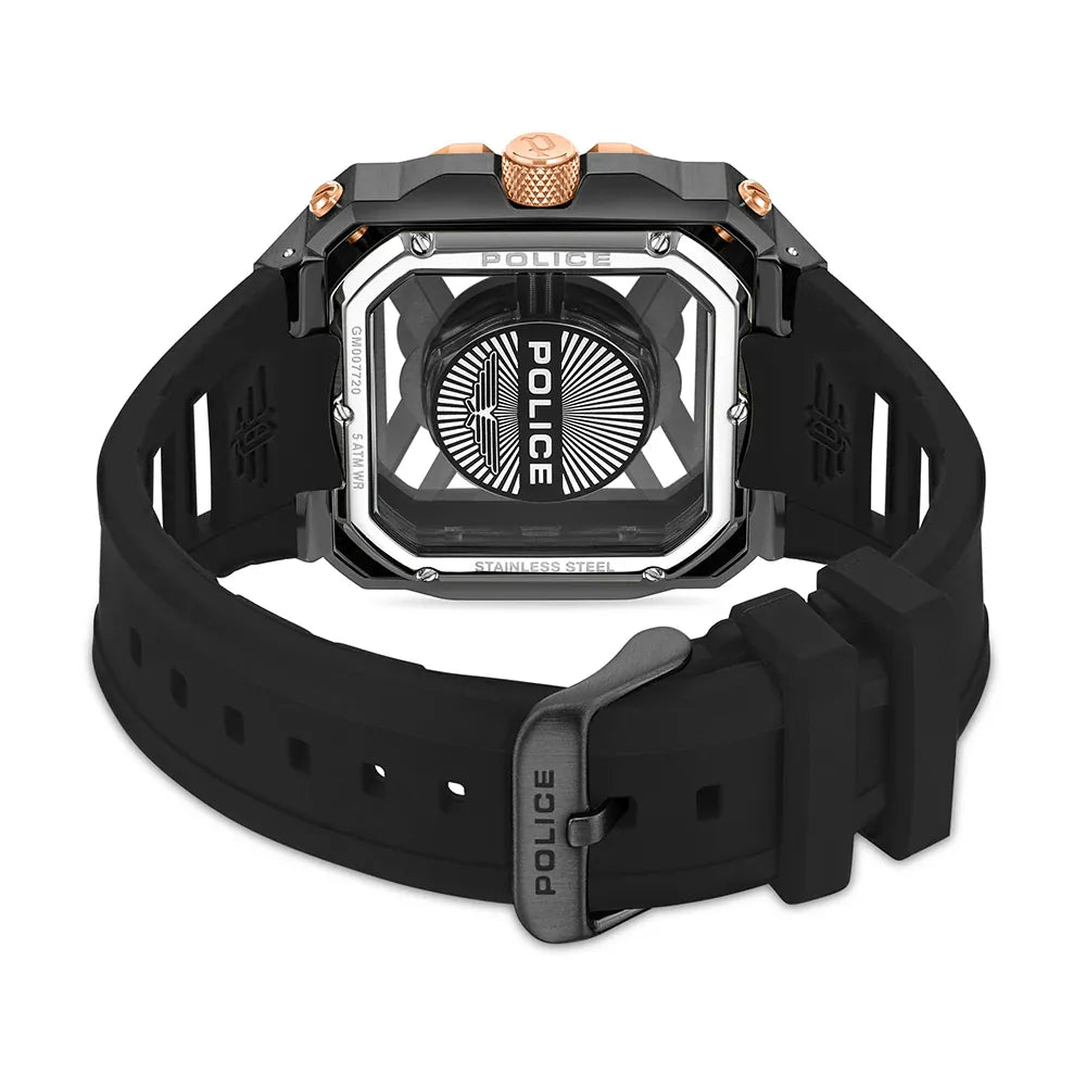 Police Gun Transparent Skeleton Dial Men's Watch with Rose Gold Bezel and Black Rubber Strap PEWGM0072002 - Cassim & Co South Africa