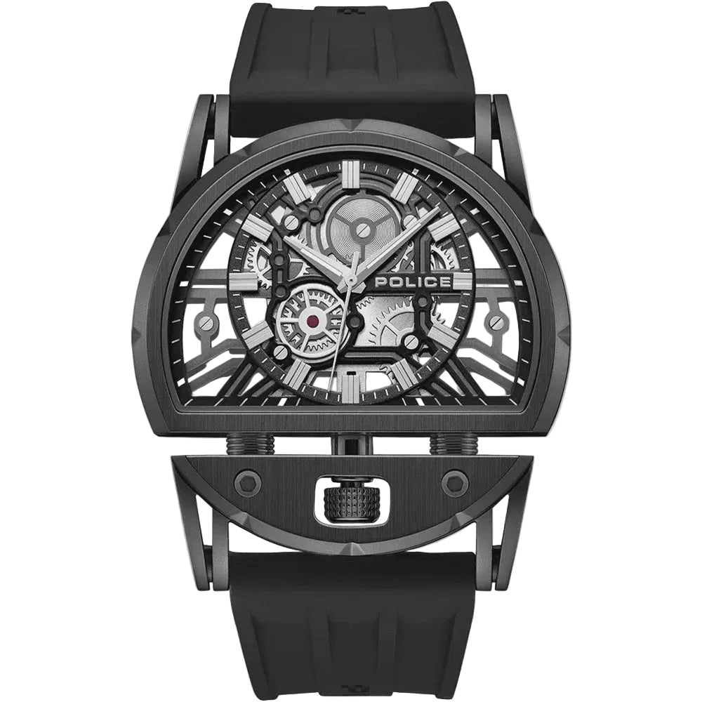 Police Daintree 2.0 Skeleton Quartz Watch PEWGM0081507 with black ion-plated tonneau case and architectural skeleton dial on black silicone strap