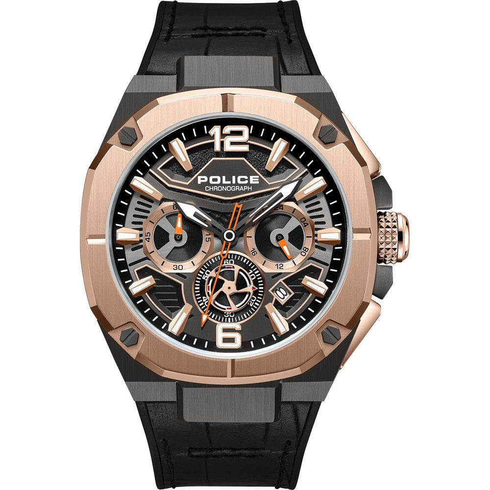 Police Juneau chronograph watch with black skeletonised dial, rose gold and gunmetal stainless steel case, leather strap, 44mm round case