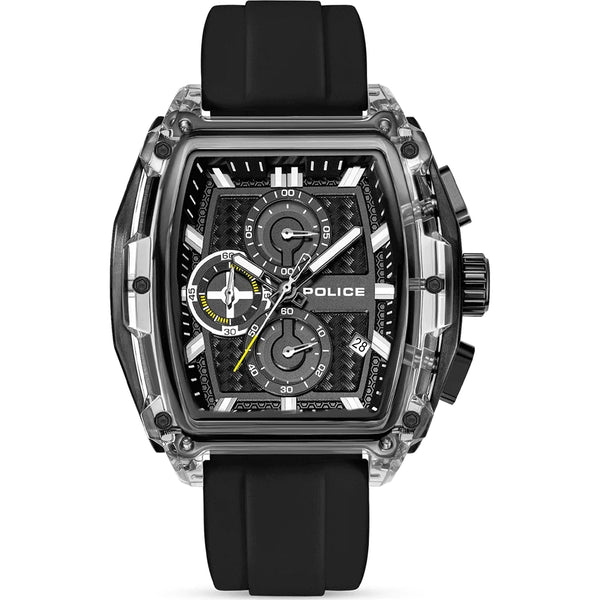 Police Clout Tank Quartz Chronograph Transparent Resin Case Black Dial Watch (PEWGO00778X2)