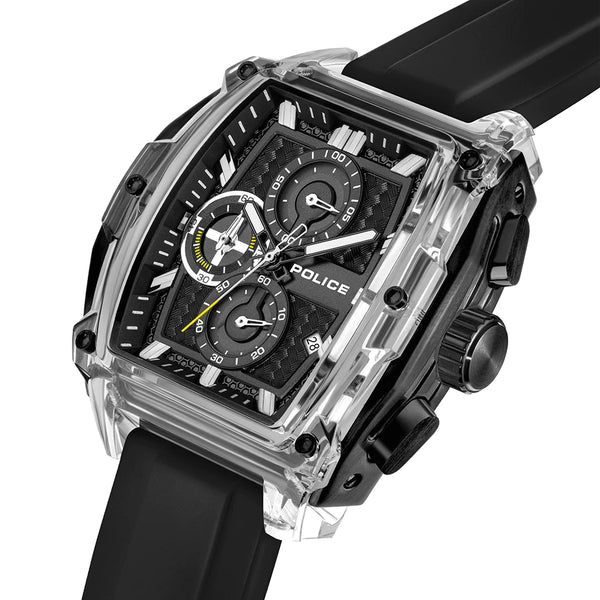 Police Clout Tank Quartz Chronograph Transparent Resin Case Black Dial Watch (PEWGO00778X2)