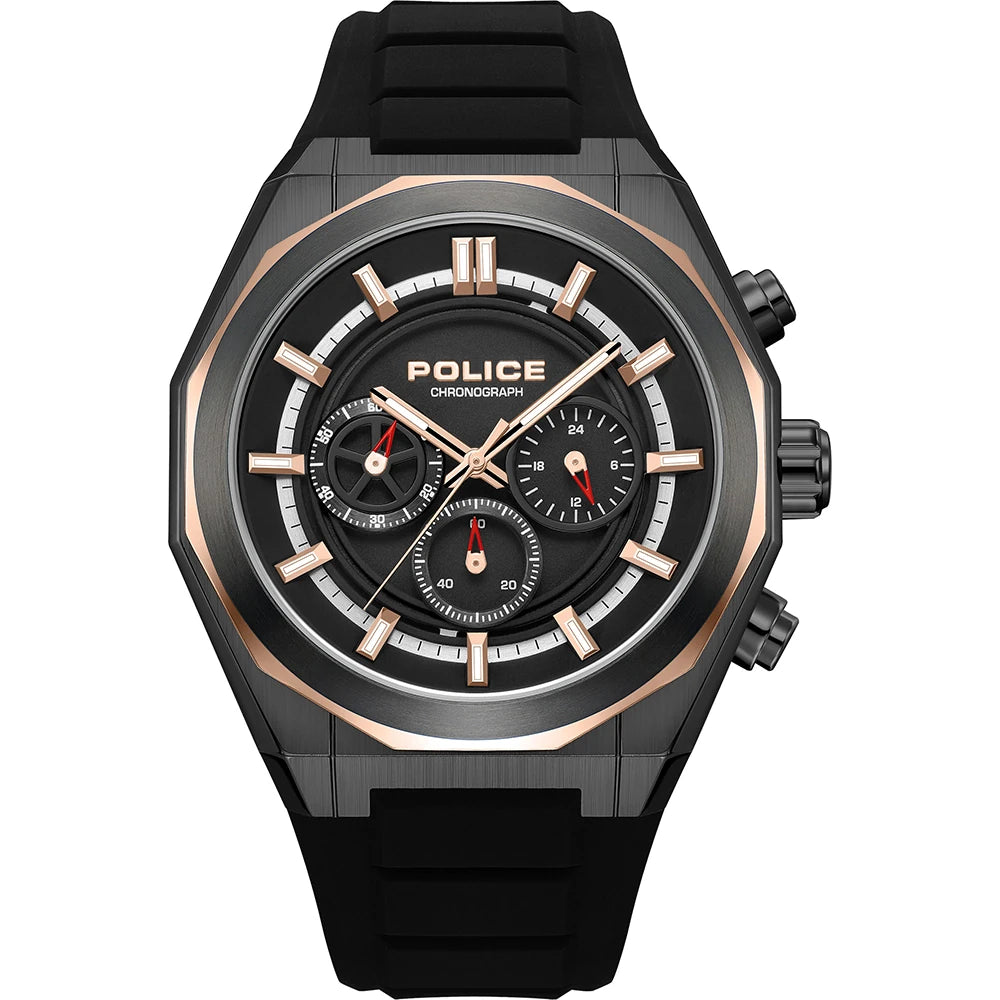 POLICE Steward Quartz Chronograph Black Dial Rose Gold Accent Silicone Strap Watch (PEWGO0093701)
