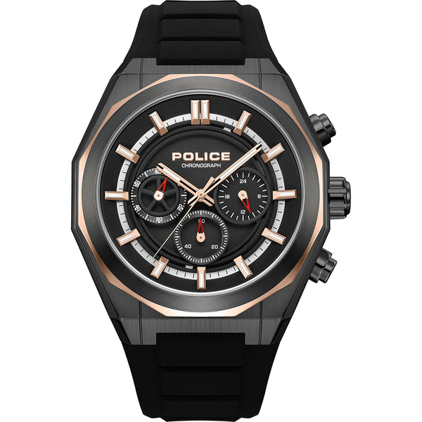 POLICE Steward Quartz Chronograph Black Dial Rose Gold Accent Silicone Strap Watch (PEWGO0093701)