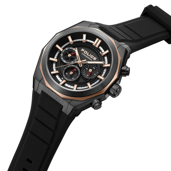 POLICE Steward Quartz Chronograph Black Dial Rose Gold Accent Silicone Strap Watch (PEWGO0093701)