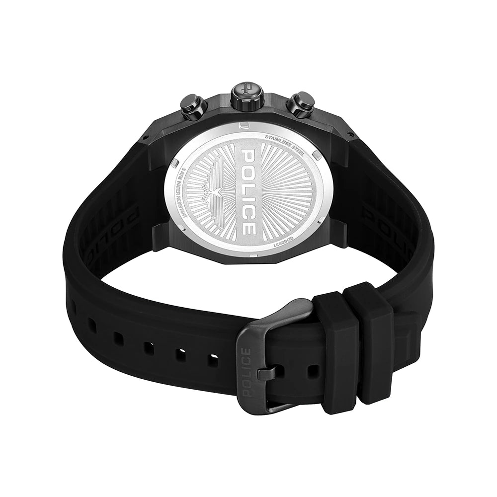 POLICE Steward Quartz Chronograph Black Dial Rose Gold Accent Silicone Strap Watch (PEWGO0093701)