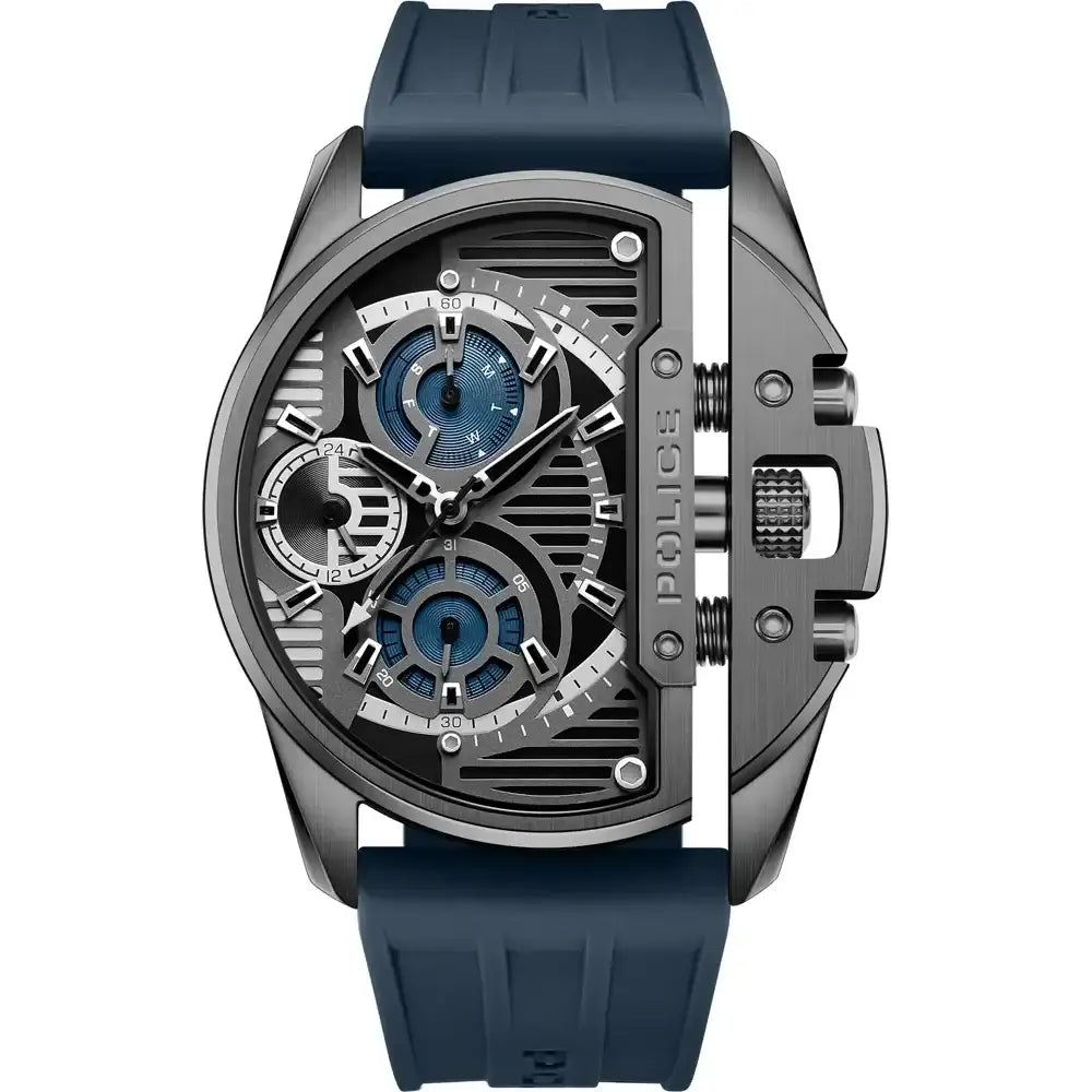Police Daintree PEWGQ2203604 gunmetal quartz chronograph watch with grey dial blue accents and blue silicone strap