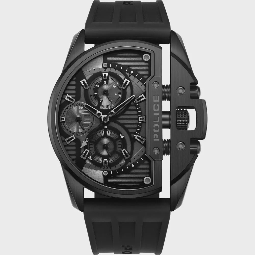 Police Daintree PEWGQ2203605 black ion-plated chronograph watch with architectural multi-layer dial and black silicone strap