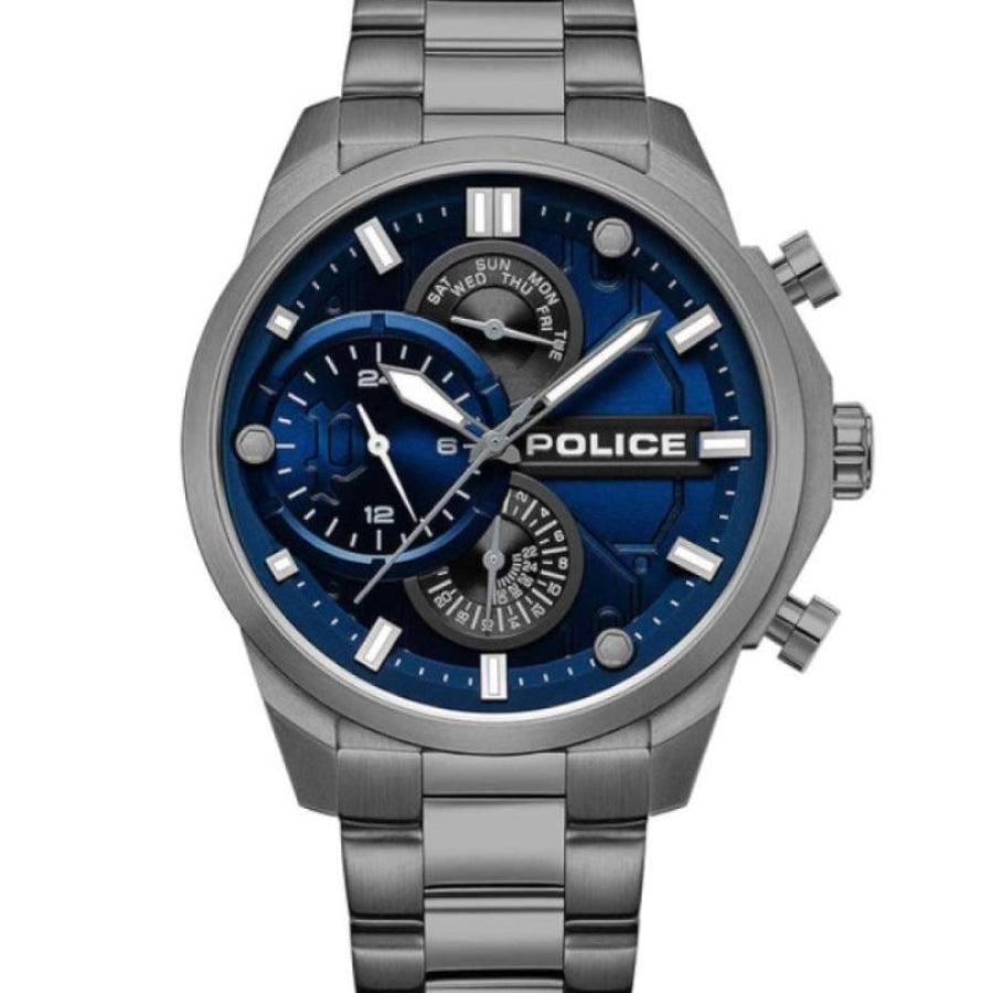 Police Reactor chronograph with blue multi-layered dial on gunmetal steel bracelet