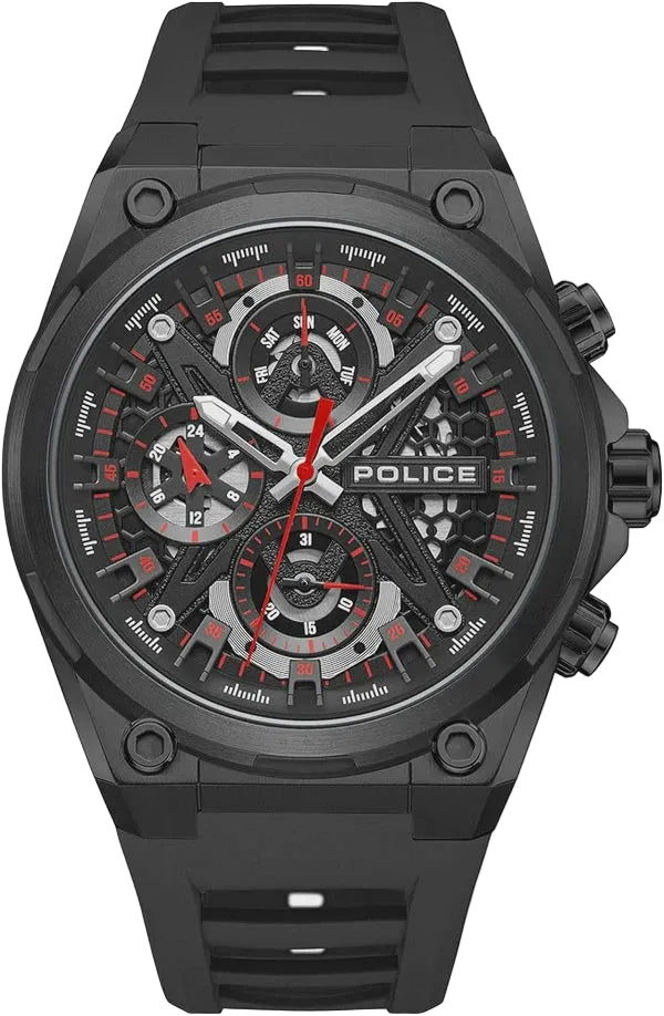 Police Sonic PEWGQ0054303 quartz chronograph watch with black ion-plated 45mm steel case, skeletal dial with red accents, and black silicone strap