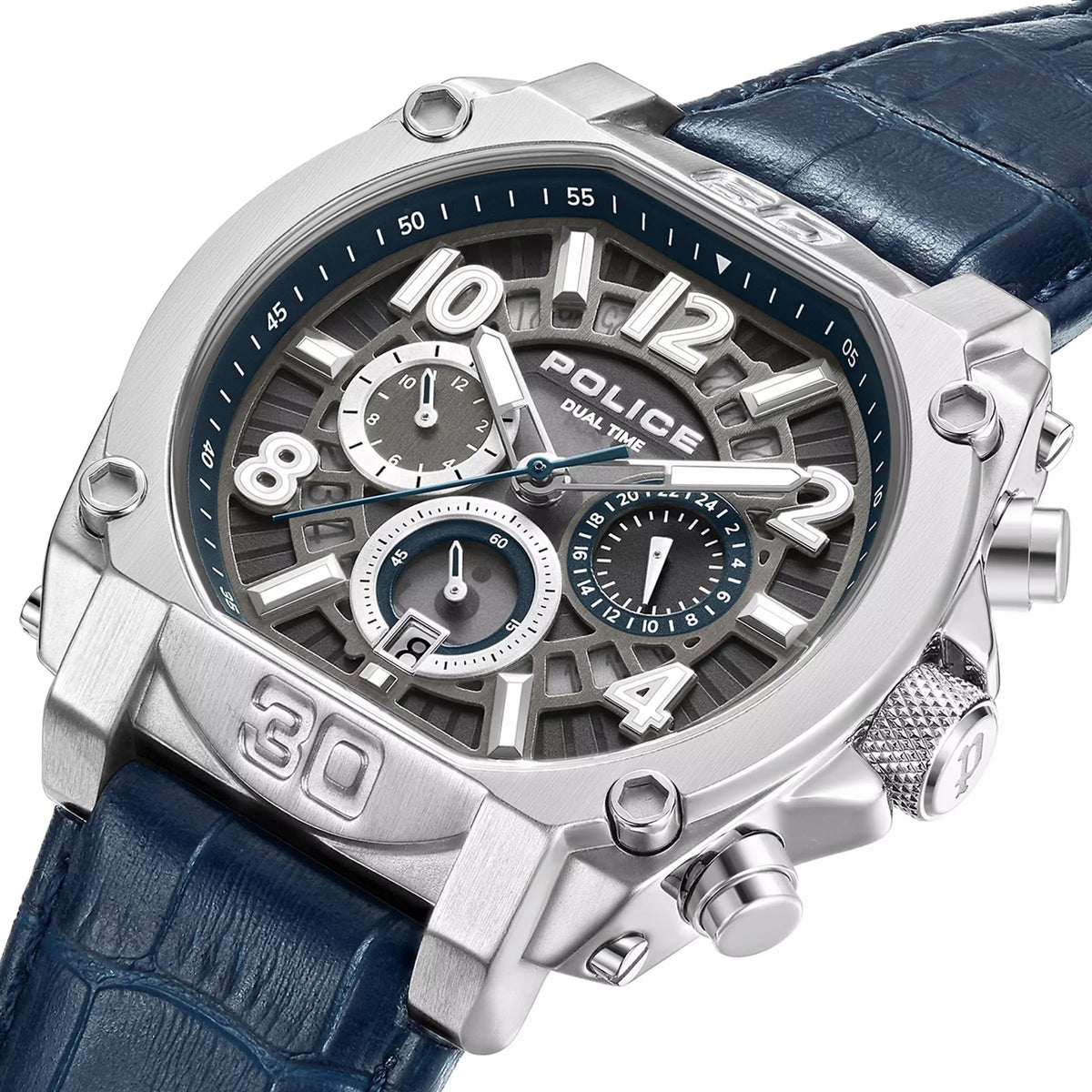 Police Norwood 45mm stainless steel tonneau case on leather strap