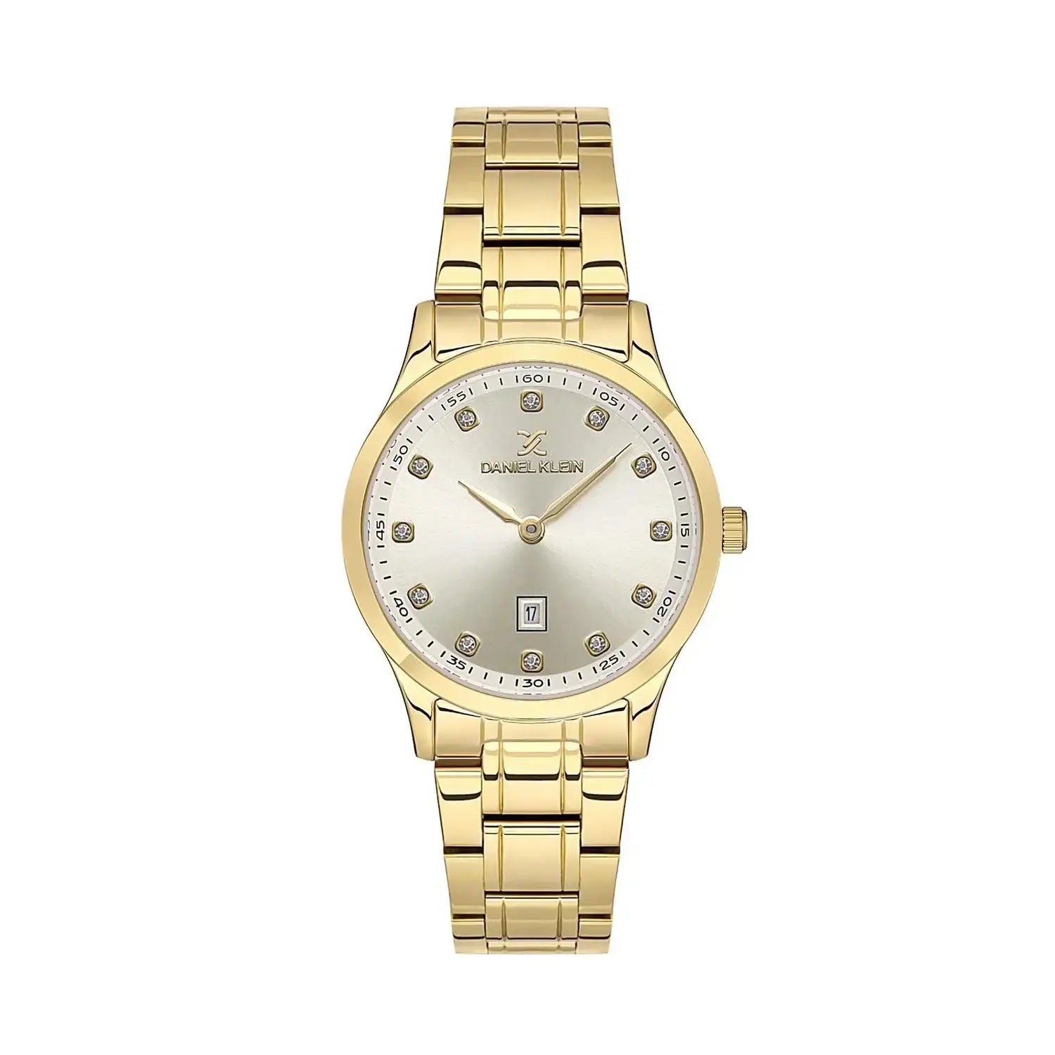 Daniel Klein Premium DK113594-3 women's quartz watch with champagne dial, crystal hour markers, and gold-plated stainless steel bracelet