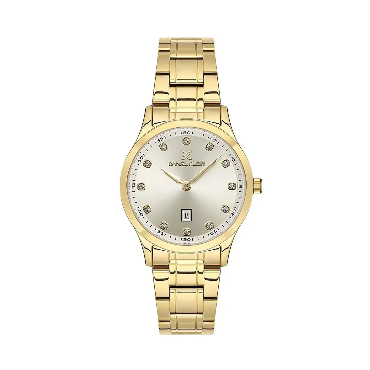 Daniel Klein Premium DK113594-3 women's quartz watch with champagne dial, crystal hour markers, and gold-plated stainless steel bracelet