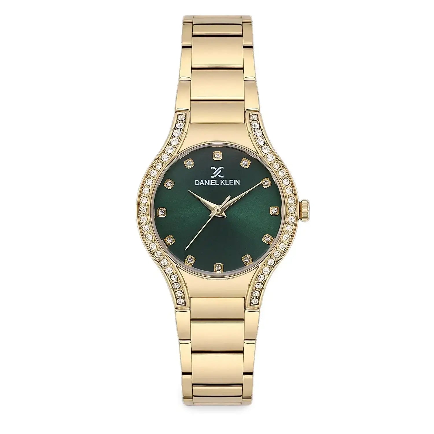 Daniel Klein DK113826-3 ladies watch featuring green sunburst dial with crystal markers, rose gold stainless steel case with crystal-set bezel, and integrated rose gold bracelet