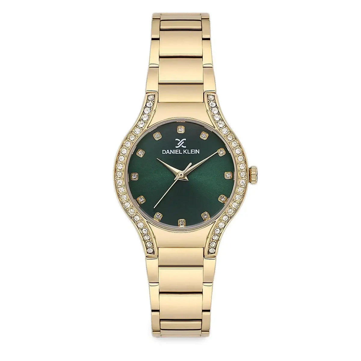 Daniel Klein DK113826-3 ladies watch featuring green sunburst dial with crystal markers, rose gold stainless steel case with crystal-set bezel, and integrated rose gold bracelet