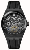 Ingersoll Broadway I12908 automatic skeleton watch with black PVD ceramic case, dual time complication, moon phase display, and black rubber strap