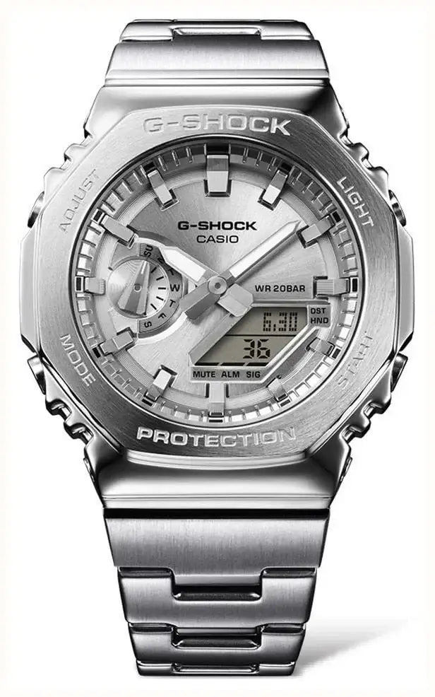 Casio G-Shock G-Steel GM-2110D-7ADR silver stainless steel analog-digital watch with integrated bracelet and hybrid display