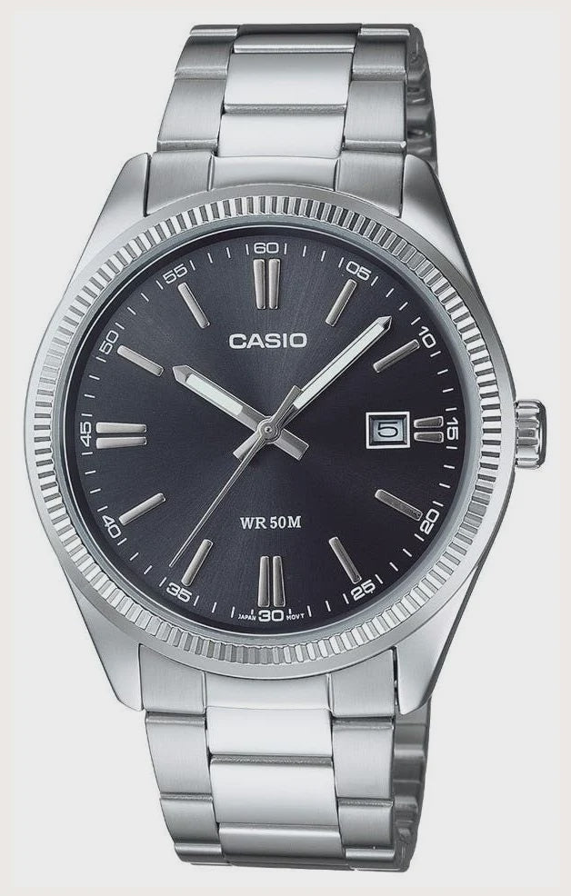 Casio UTP-1302PD-1AVDF quartz watch with black dial, fluted bezel, and stainless steel bracelet on white background