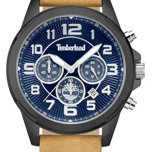 Timberland chronograph watch with blue sunray dial, three sub-dials and brown leather strap