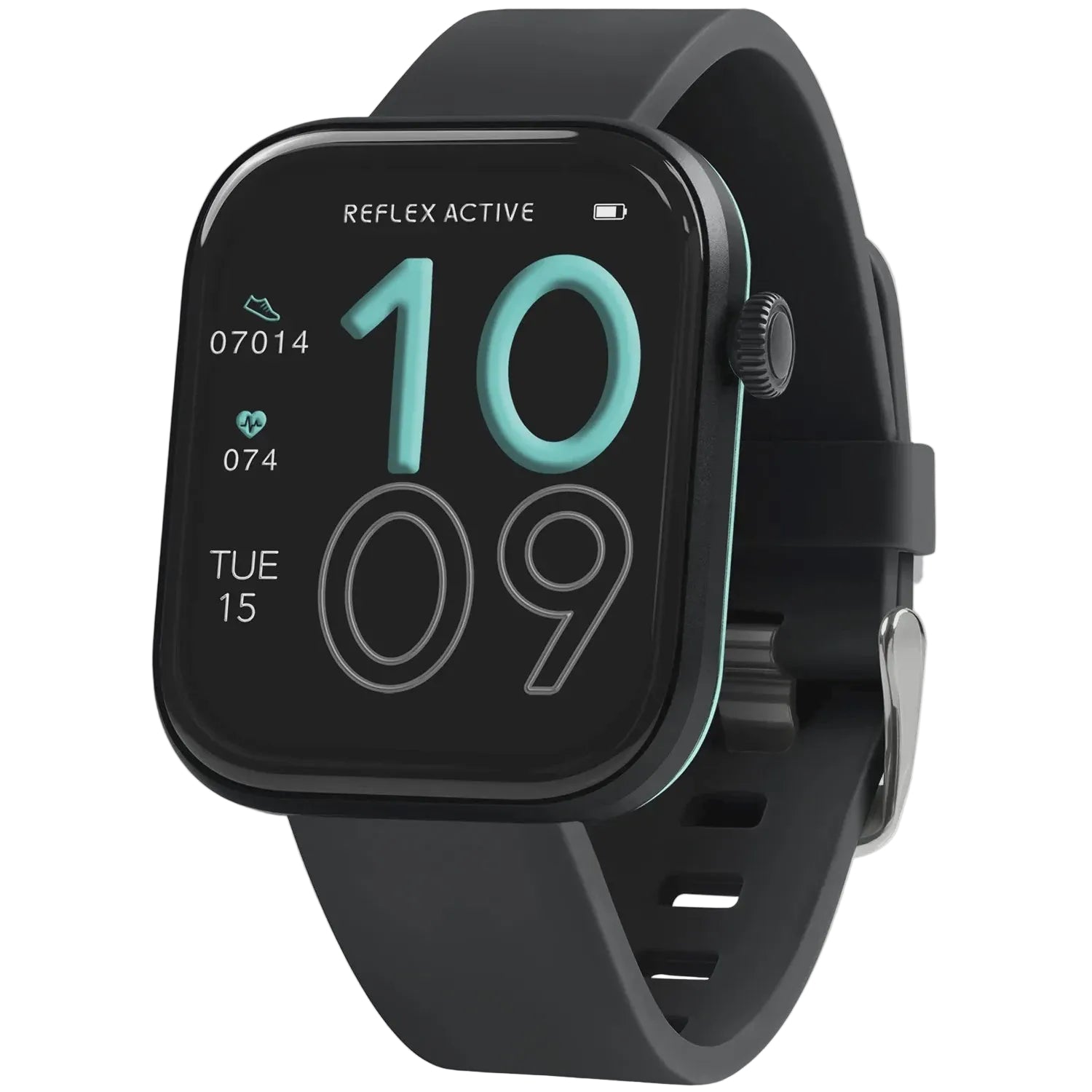 Reflex Active Series 40 AMOLED RA40-2221 smartwatch with black rectangular case, 1.85-inch AMOLED display showing digital time and fitness metrics, black silicone strap