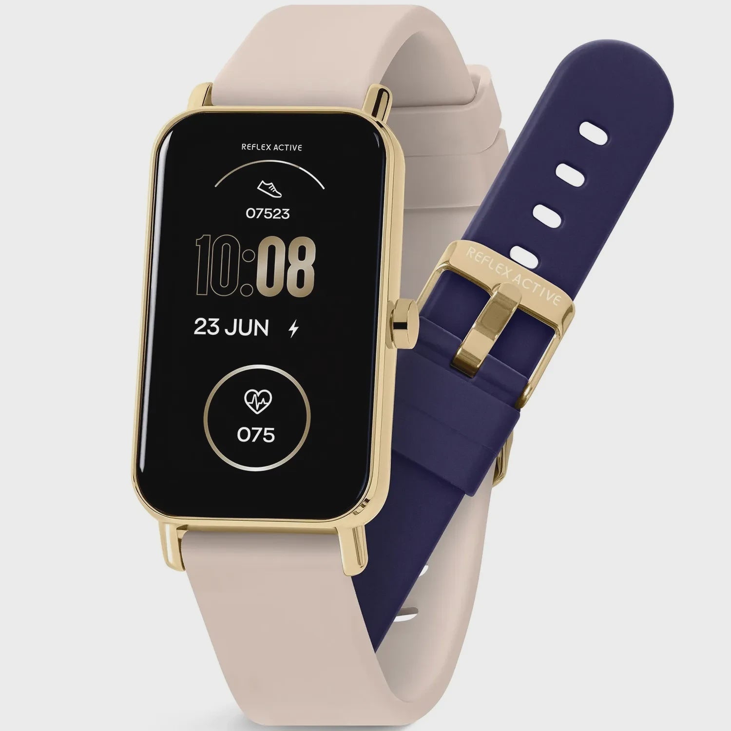 Reflex Active Series 53 gold-tone smartwatch with 1.45 inch touchscreen display showing fitness metrics, includes interchangeable nude beige and navy blue silicone straps