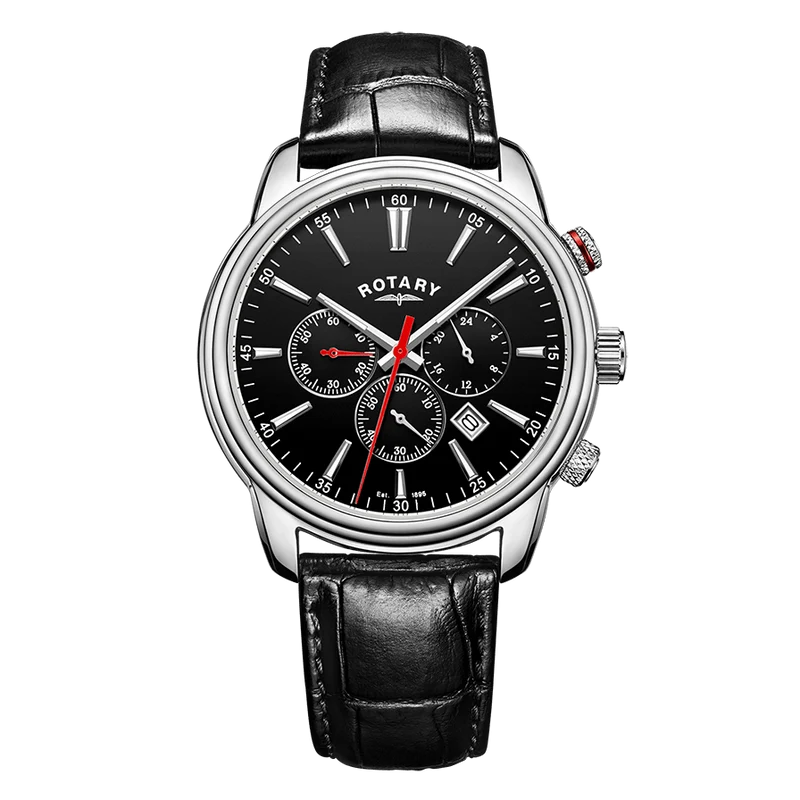 Rotary Henley Quartz Chronograph Black Dial Stainless Steel Watch on Leather Strap (GS05083/04)