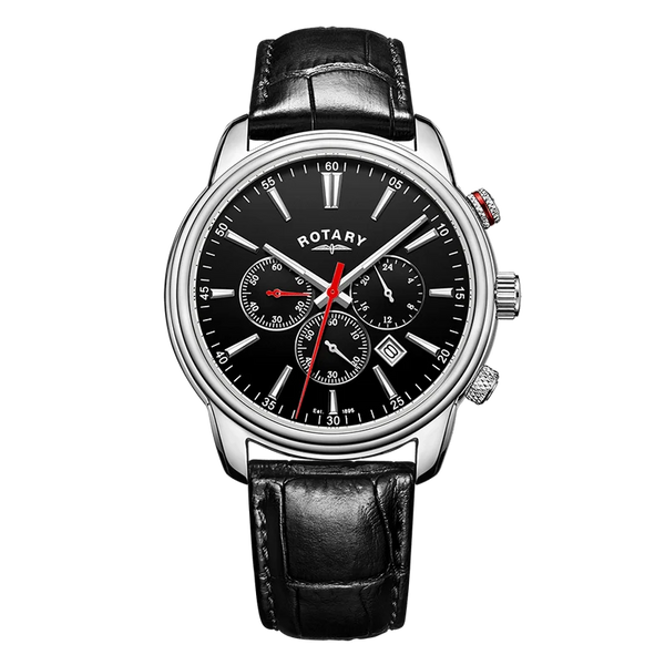 Rotary Henley Quartz Chronograph Black Dial Stainless Steel Watch on Leather Strap (GS05083/04)
