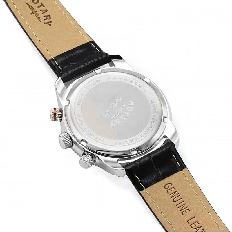 Rotary Henley Quartz Chronograph Black Dial Stainless Steel Watch on Leather Strap (GS05083/04)