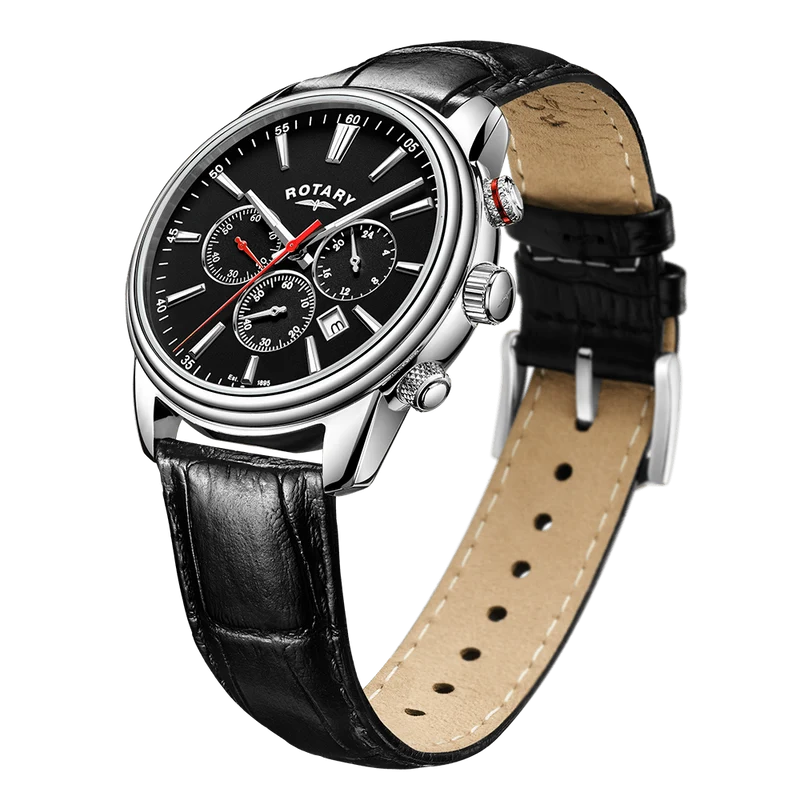Rotary Henley Quartz Chronograph Black Dial Stainless Steel Watch on Leather Strap (GS05083/04)
