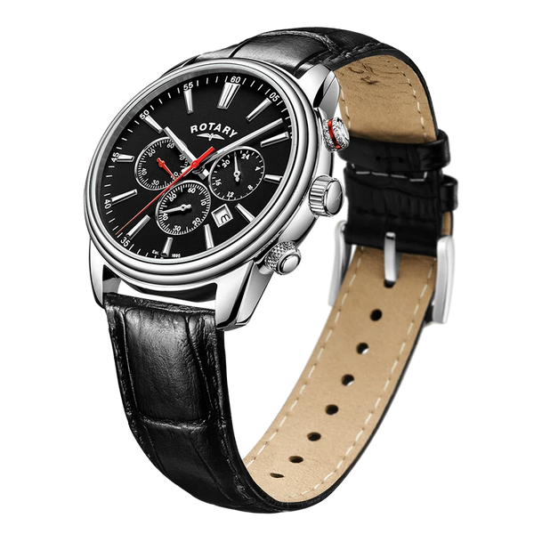 Rotary Henley Quartz Chronograph Black Dial Stainless Steel Watch on Leather Strap (GS05083/04)