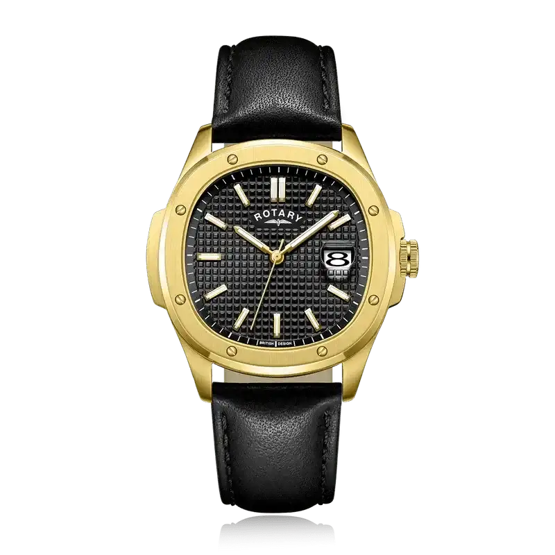 Rotary Sport GS05578/04 gold-tone stainless steel watch with textured black dial, date window, sapphire crystal, and black leather strap