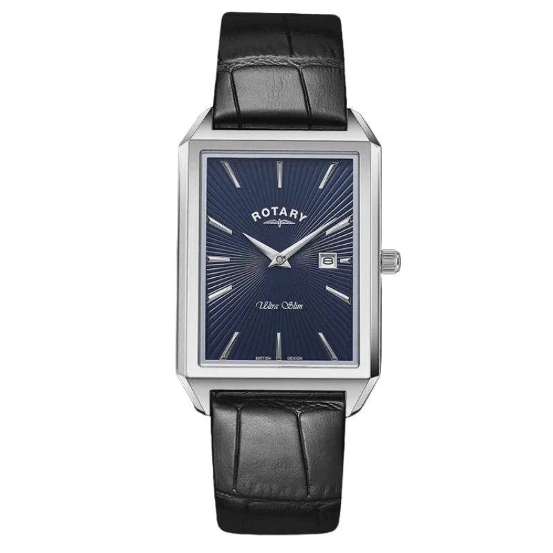 Rotary Ultra Slim GS08020/05 quartz watch with rectangular stainless steel case, blue guilloche dial, date window, and black leather strap