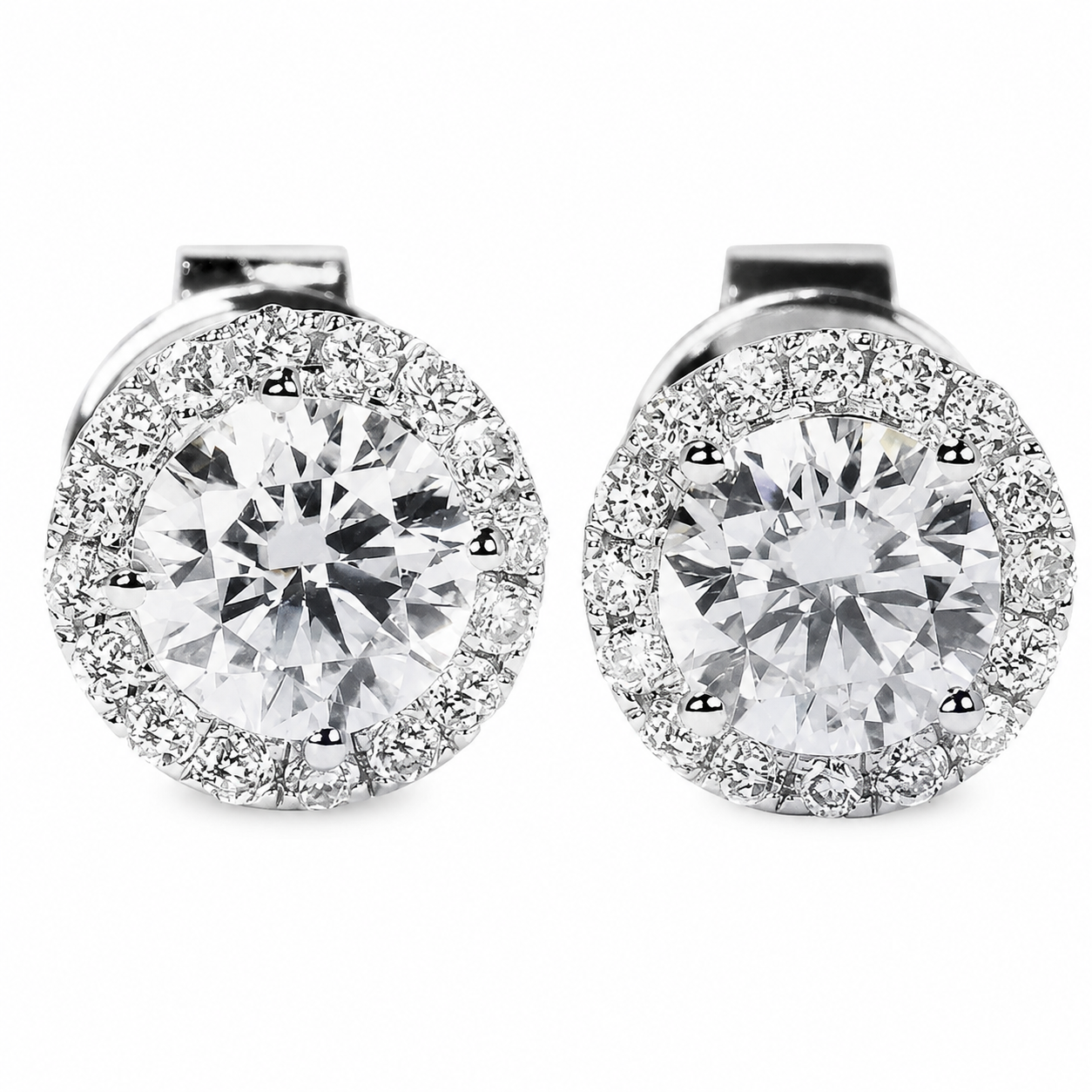 Sterling silver round moissanite halo stud earrings with brilliant centre stones and pavé setting from Cassim & Co Johannesburg