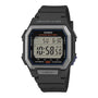 Casio W-738H-1AV digital watch with black resin case, silver bezel, LCD display showing 10-year battery indicator, and resin strap