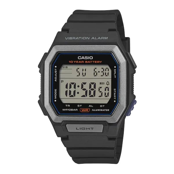 Casio W-738H-1AV digital watch with black resin case, silver bezel, LCD display showing 10-year battery indicator, and resin strap