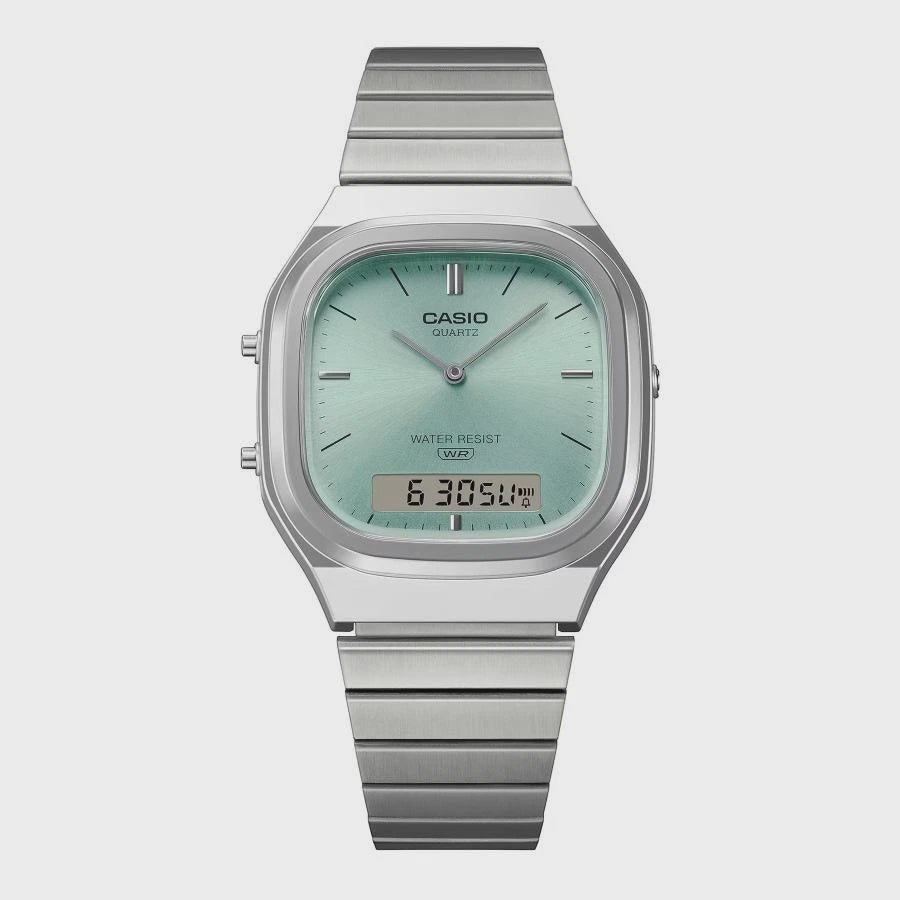 Casio AQ-240E-2ADF anadigi quartz watch with gradient green dial, cushion stainless steel case, and integrated three-link bracelet