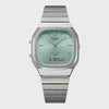 Casio AQ-240E-2ADF anadigi quartz watch with gradient green dial, cushion stainless steel case, and integrated three-link bracelet