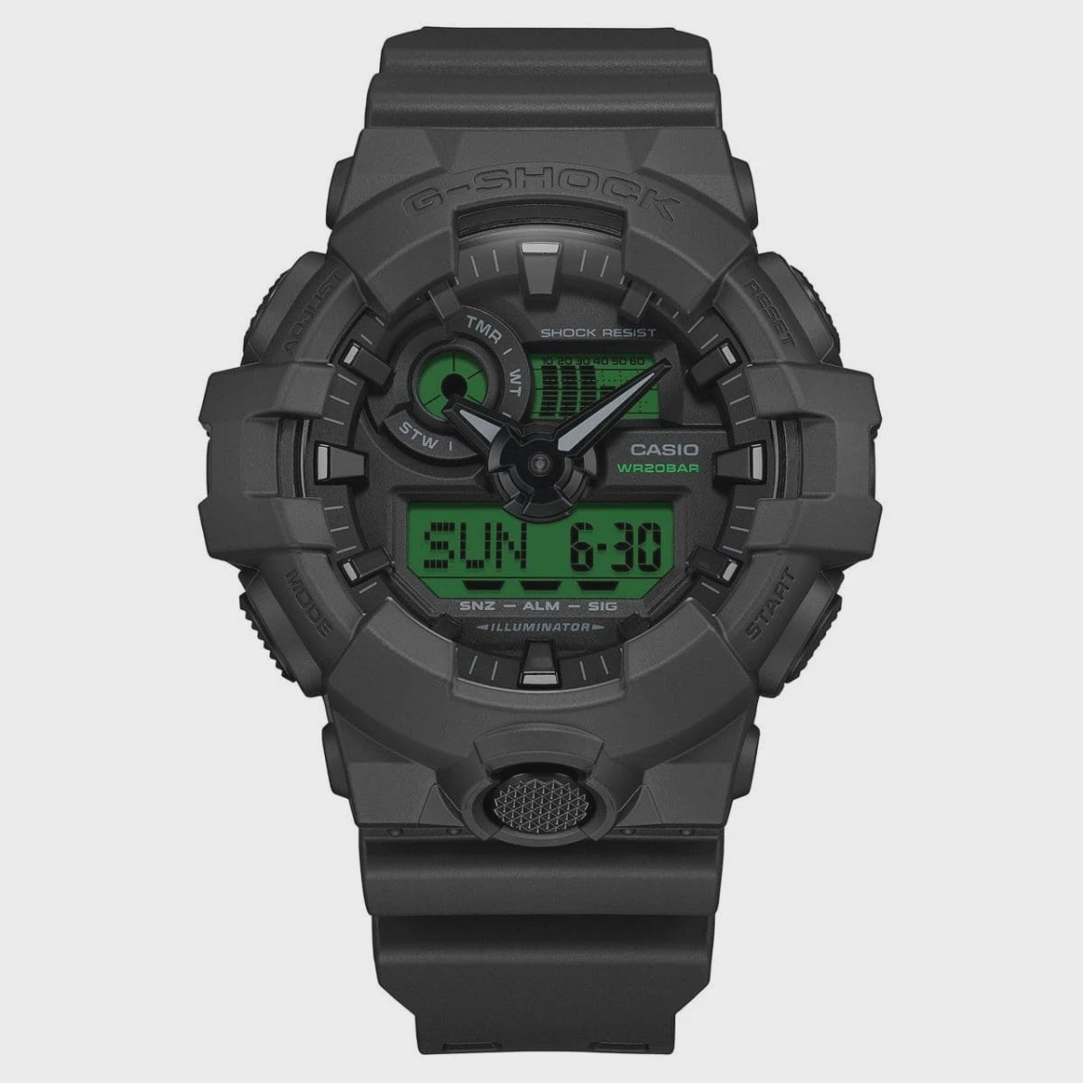 Casio G-Shock GA-700BEG-1ADR black resin analogue-digital quartz watch with electric green LCD display and shock resistant construction