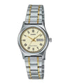 Casio LTP-V006SG-9B quartz women's watch with champagne Roman numeral dial, day-date display, and two-tone stainless steel bracelet with gold accents
